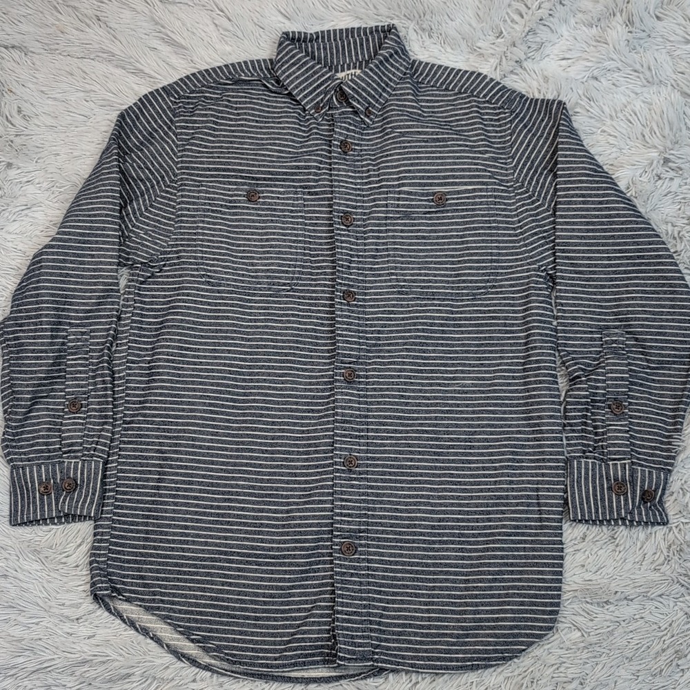 Vintage Duluth Trading Co Shirt Mens S Blue Striped Pockets Preppy Comfy Button